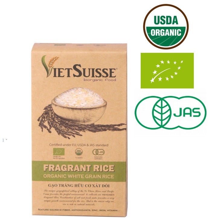 Gạo trắng (xát dối) hữu cơ VietSuisse Organic White Grain Rice 1kg