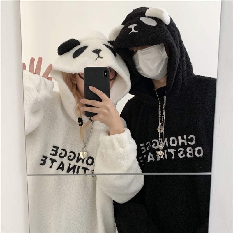 Áo hoodie vải bông tay dài nón tai gấu trúc cute couple nam nữ thêu chữ ulzzang ( 2 màu )