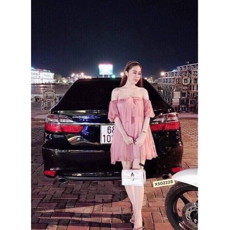 Đầm suông trễ vai đính nơ to💓váy suông màu hồng siêu xinh