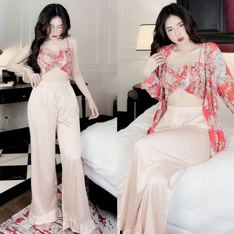 Set đồ ngủ 3 món santin lụa siêu đẹp