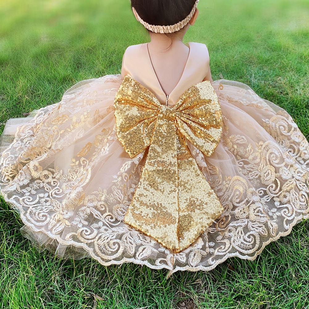 Đầm công chúa phối ren hoa đính kim sa lấp lánh cho bé gái