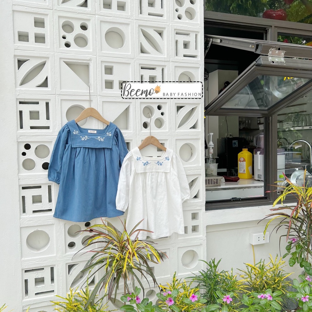 Váy đầm babydoll Beemo cho bé gái vải đũi thêu yếm ngực từ 1 đến 6 tuổi - 22182VHD