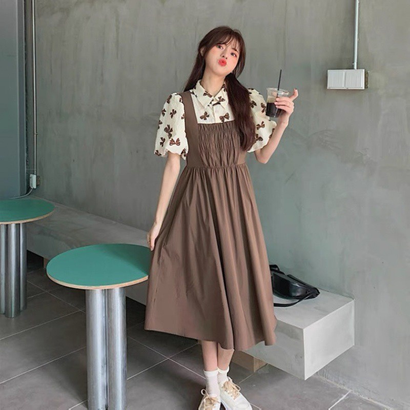 Váy đầm áo họa tiết nơ cổ sơ mi liền váy giả hai mảnh phong cách Hàn Quốc MS135