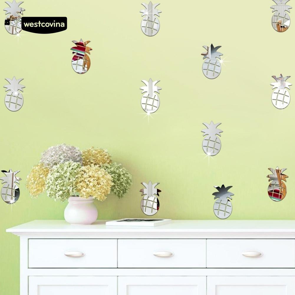 Set 12 miếng dán tường tráng gương chất liệu acrylic hình trái dứa xinh xắn dùng trang trí nội thất