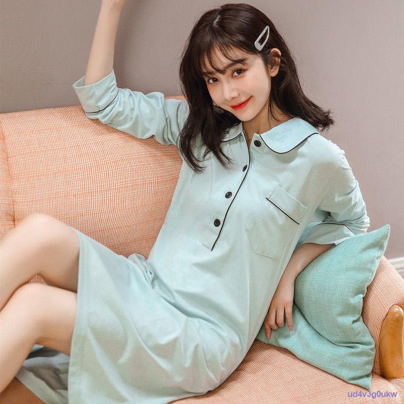 Váy ngủ cotton tinh khiết, dài tay kém xinh xắn, ve áo nhỏ có thể mặc bên ngoàiJ