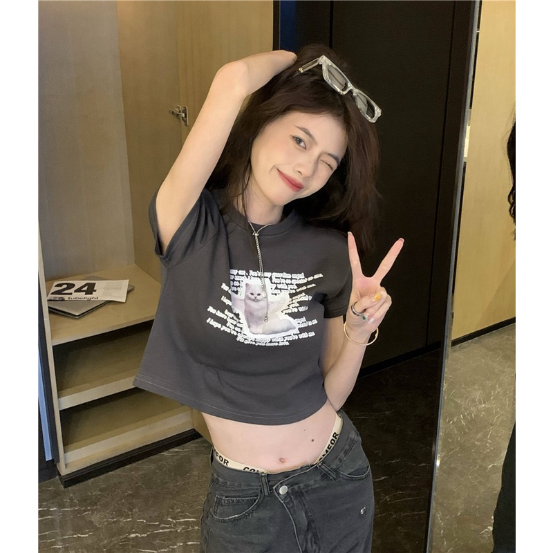 Áo Thun Tay Ngắn In Hình Mèo Phong Cách retro Dành Cho Nữ