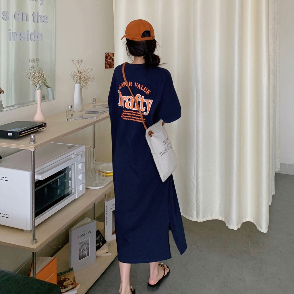 Đầm thun suông form rộng ngắn tay xẻ tà cá tính phong cách Hàn Quốc ulzzang