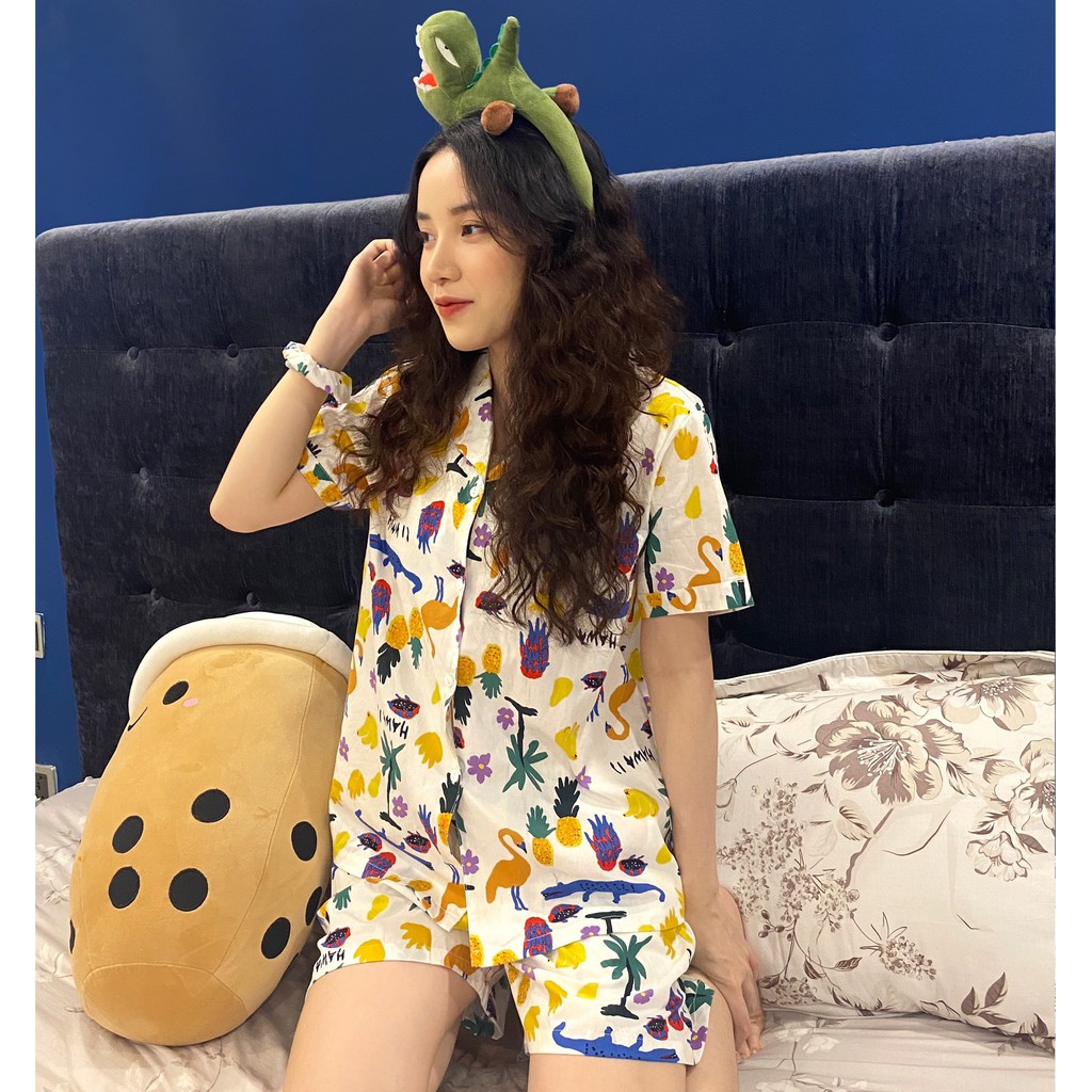 [FREESHIP] Pijama bộ ngủ chất thô họa tiết hawaii mềm mát