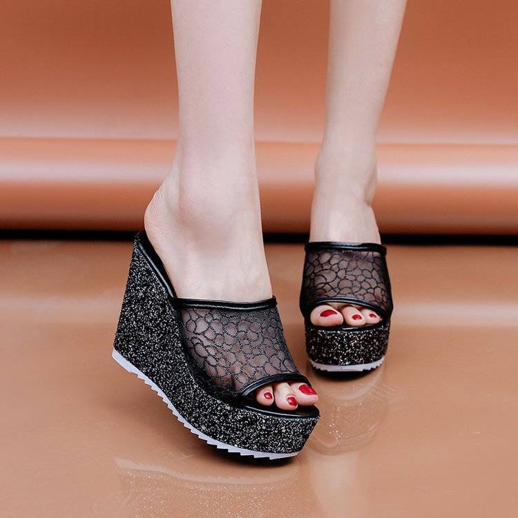 Dép Sandal Nữ Đế Xuồng Hở Ngón 11cm Đính Kim Sa Lấp Lánh