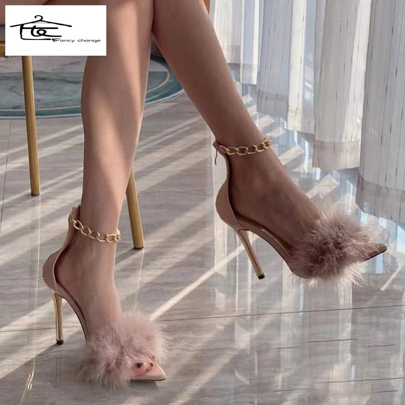 Giày Cao Gót Hở Ngón Phối Dây Xích Kim Loại Phối Lông Phong Cách Mới~2022