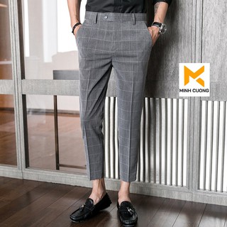 Quần tây nam kẻ karo dáng ôm vải cotton mềm mát, quần dáng âu 2 màu ghi tối và ghi sáng dễ dàng phối đồ, dáng côn [HOT]