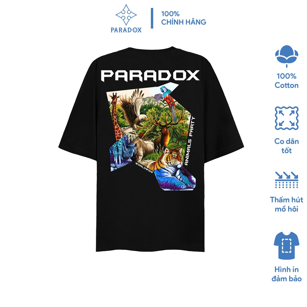 Áo thun form rộng Paradox tay lỡ - Unisex - In hình - ANIMALS PARTY - Màu đen