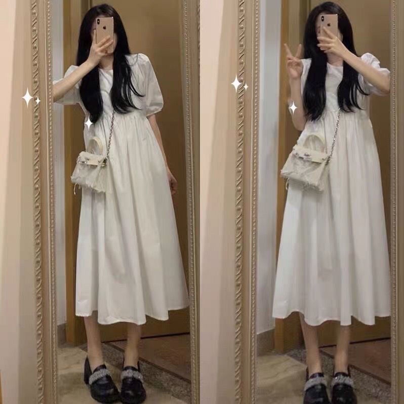 Đầm dài ngang gối màu trắng phong cách retro thời trang cho nữ