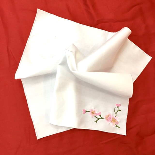 Khăn tay thêu hoa đào , khăn mùi xoa