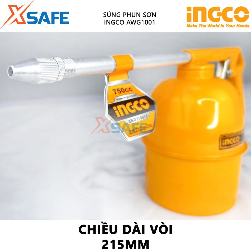 Súng châm nhớt INGCO AWG1001 | máy châm nhớt Áp lực vận hành 3 - 4bar (43.5-58 psi), Dung tích 0.75L phun sơn gỗ, sơn ô