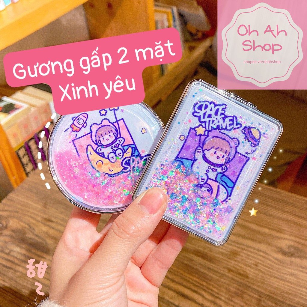 Gương gấp mini 2 mặt in hình cute chảy nhũ mẫu mới