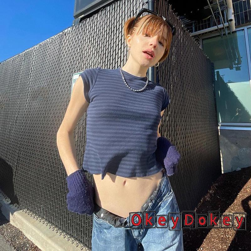 OKDK-Y2K Women Short Sleeve T-shirts Striped Round Neck Summer Casual Crop Tops