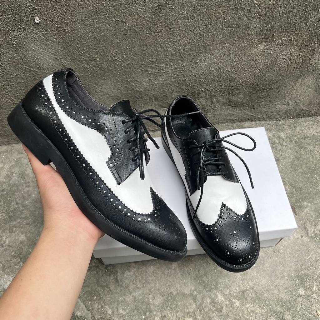 Giày Derby nam Black White, Giày da buộc dây Cao Cấp Da Bò 100%