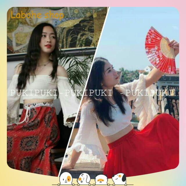 Áo croptop ôm tay xòe vải thô kem phong cách Boho