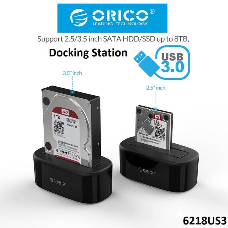 Đế ổ cứng  1 khe cắm ORICO 6218US3 3.5" và 2.5" SATA 3 USB 3.0 - Hàng phân phối chính hãng
