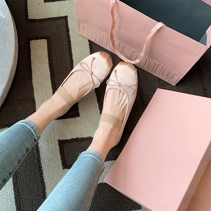 Giày Múa Ba Lê Đế Bằng Miệng Nông Đính Nơ Kiểu Retro Pháp Dễ Thương