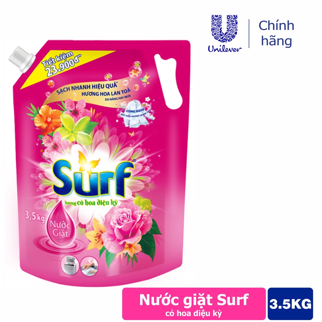 SURF Túi Nước Giặt 3.5kg 3.5 kg Hồng Cỏ Hoa diệu Kỳ có nắp vặn