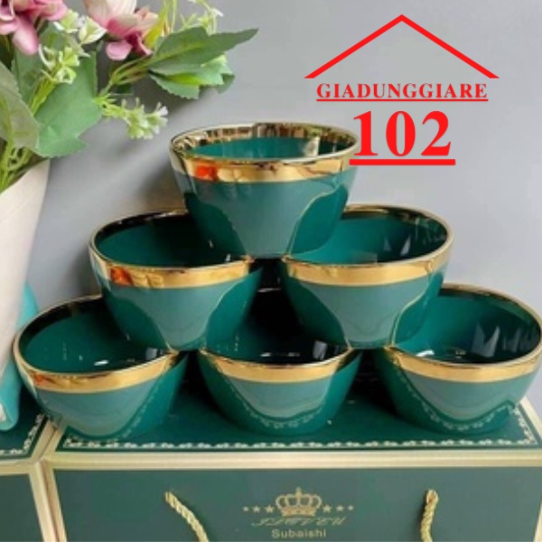 Bát ăn cơm, Chén ăn cơm sứ màu xanh viền vàng bộ 6 chiếc kèm đũa ăn Nhật phong cách cao cấp