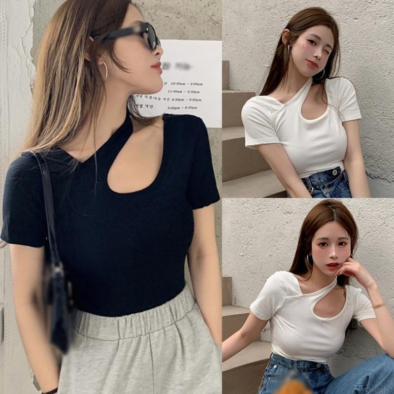 Women Summer Fashion Irregular Hanging Neck Design Sense Short Sleeve T-Shirt