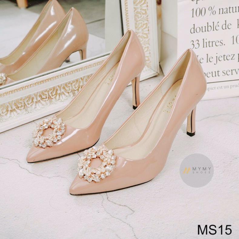 Giày cao gót da bóng đính hoa đá gót nhọn 8p-3 màu hàng đẹp bán shop