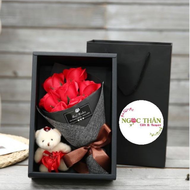 Hoa Hồng Sáp Thơm Bó 7 Bông Kèm Gấu Tặng Người Yêu Rất Lãng Mạng Có Hộp Sang Trọng(Hộp Đen, Giỏ Xách Đen)