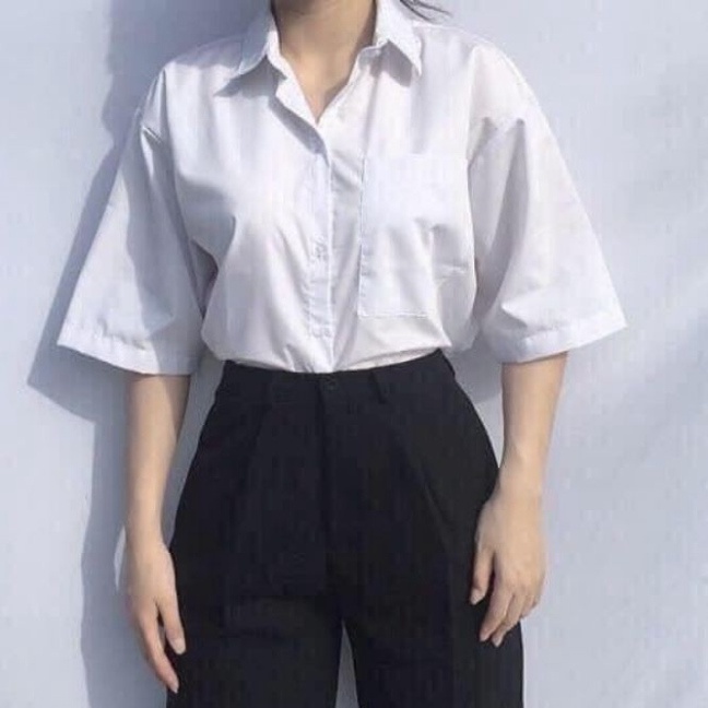 Áo Sơ Mi Trắng Nữ Basic Tay Lỡ Form Rộng Style Học Sinh , Sinh Viên
