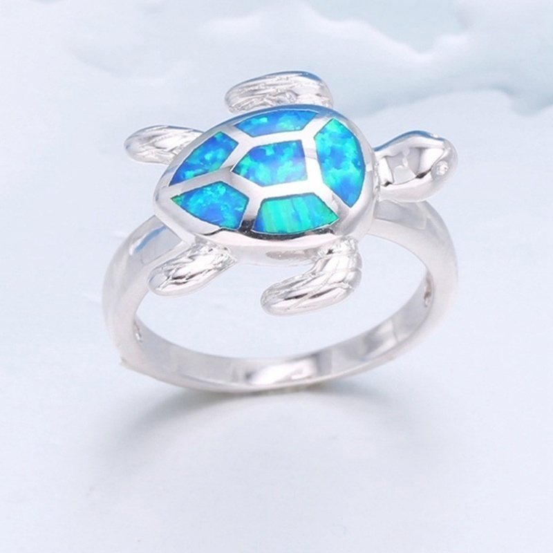 Nhẫn Mạ Bạc Đính Đá Opal Hình Rùa Độc Đáo