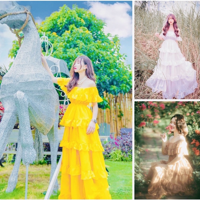 Đầm Bèo Tầng, Váy Maxi Đi Biển Bẹt Vai D2, Chất Voan Mềm Mát, Mầu Trắng, Vàng, Nude. Tuyệt Phẩm Sống Ảo Hot Nhất 2022