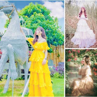 Đầm Bèo Tầng, Váy Maxi Đi Biển Bẹt Vai D2, Chất Voan Mềm Mát, Mầu Trắng, Vàng, Nude. Tuyệt Phẩm Sống Ảo Hot Nhất 2022