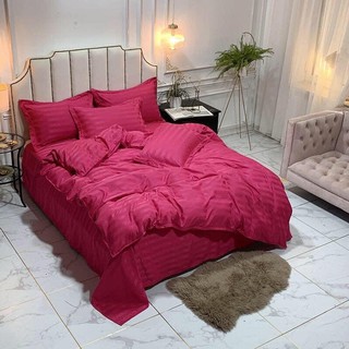 Bộ Chăn Ga Gối Cotton Kẻ 3F - Màu Hồng Đậm