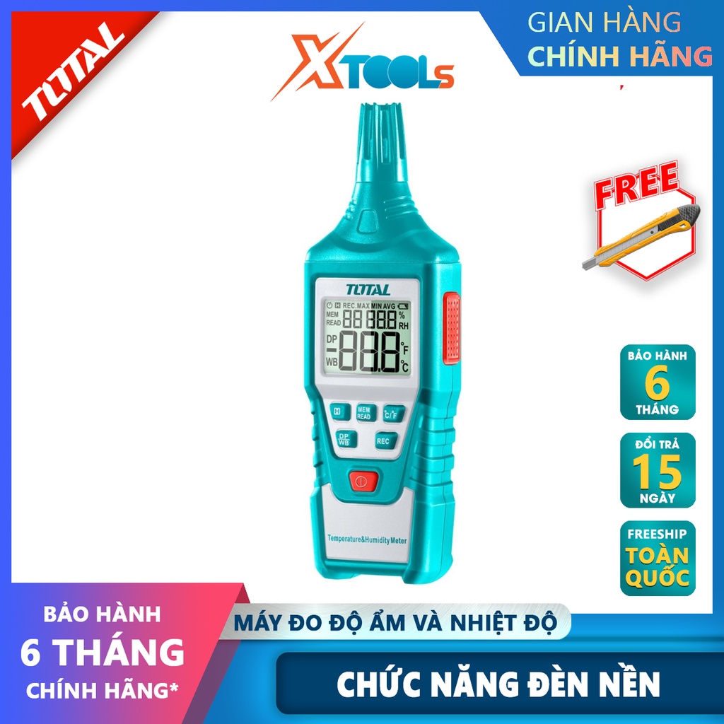 Máy đo độ ẩm và nhiệt độ kỹ thuật số TOTAL TETHT01 | thiết bị kiểm tra độ ẩm nhiệt độ Với chức năng đèn nền, báo pin thấ