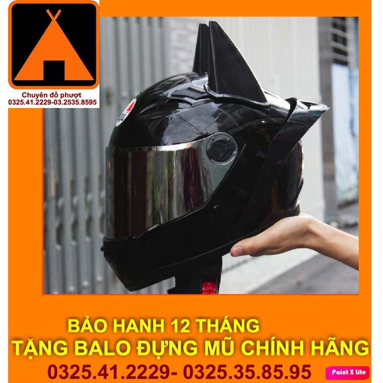 Mũ Fullface AGU Đen Gắn Sừng BATMAN + Đuôi Gió+ balo đựng mũ chính hãng