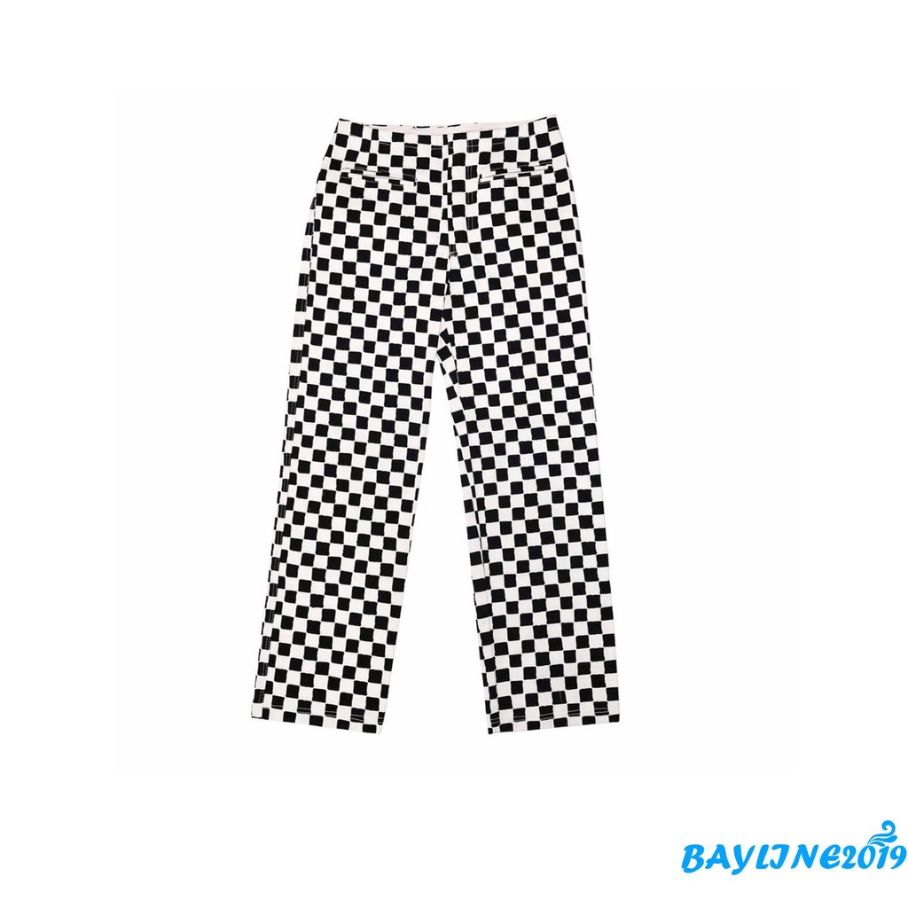 Quần Dài Nữ Ống Rộng Lưng Cao Họa Tiết Caro Thời Trang