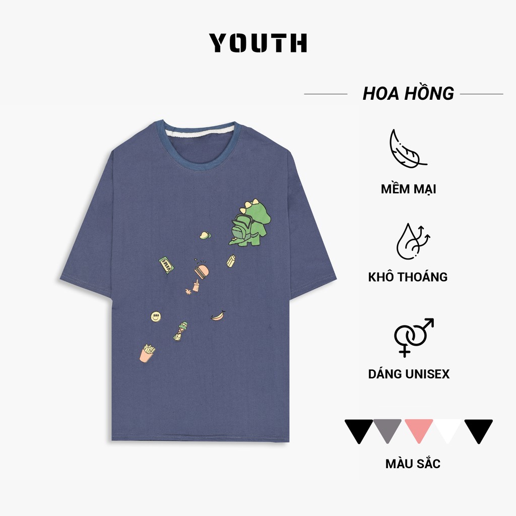 Áo thun nam nữ unisex YOUTH form rộng cổ tròn tay lỡ vải Cotton xịn FreeSize(38-65Kg) - Khủng Long - AP18