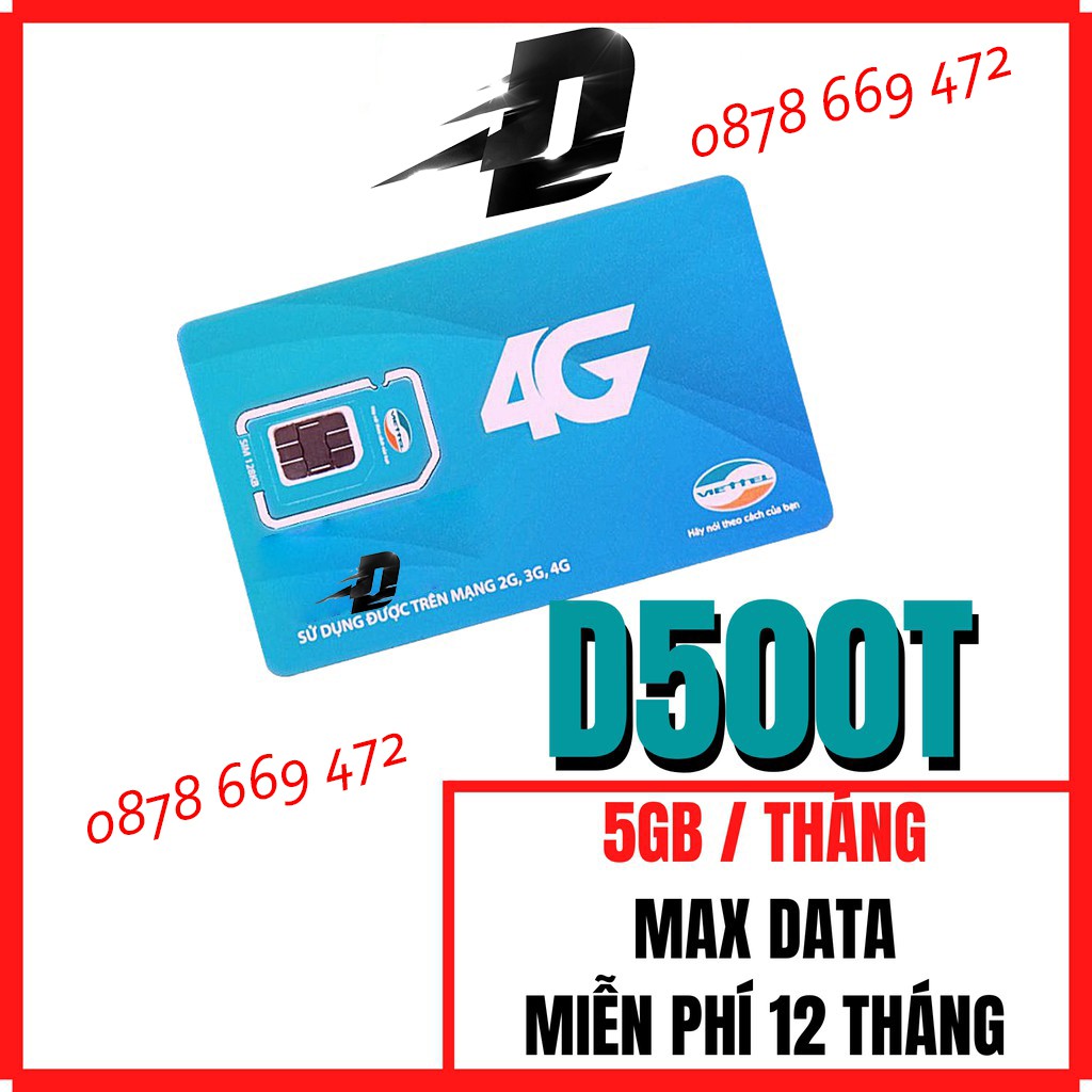 Sim 4G Viettel D500 Có Sẵn 500K Trọn Gói 1 Năm 60Gb (5Gb/Tháng) Data Không Giới Hạn - Sim vào mạng 1 năm không nạp tiền