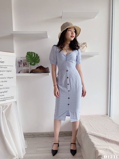 Đầm maxi caro cổ tim nhún nút gỗ