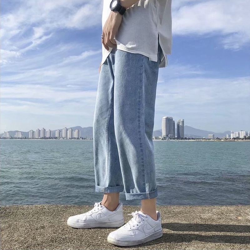 QUẦN BAGGY JEANS XANH TRƠN FORM UNISEX NAM NỮ (hình chụp thật)