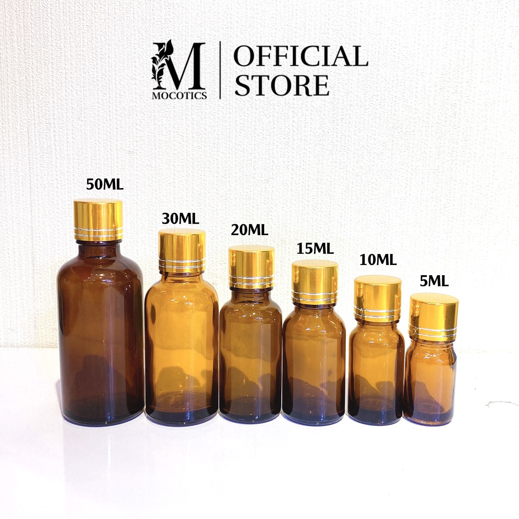 Chai lọ đựng tinh dầu nhỏ giọt 5ml,10ml,15ml,20ml,30ml,50ml Mocotics, thủy tinh nâu, nắp nhôm vàng 2 sọc, nắp vàng xoắn