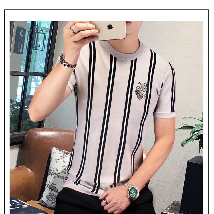 Áo Thun Dệt Kim Tay Ngắn Cổ Tròn Họa Tiết Kẻ Sọc Thời Trang Cho Nam