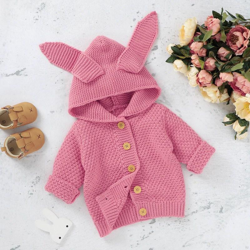 Áo Hoodie Dệt Kim Màu Trơn Trang Trí Tai Thỏ Đáng Yêu Cho Bé