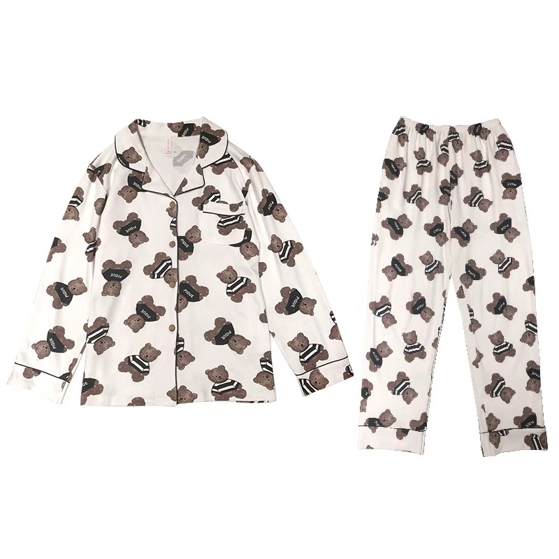 Bộ đồ ngủ nữ Pijama tay dài chất thun cotton hoạ tiết hình gấu dễ thương | BigBuy360 - bigbuy360.vn