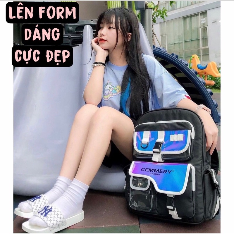 Balo Cemery Saigon Hologram Backpack Chất Vải Canvas Cao Cấp Cặp Nhiều Ngăn Đi Học Màu Đen Phản Quang | Balo 2810 Shop