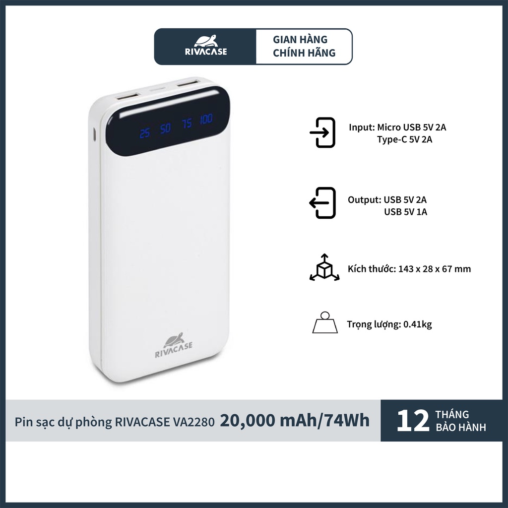 Pin Sạc Dự Phòng Sạc Nhanh Rivacase VA2280 20000 mAh - Hàng Chính Hãng