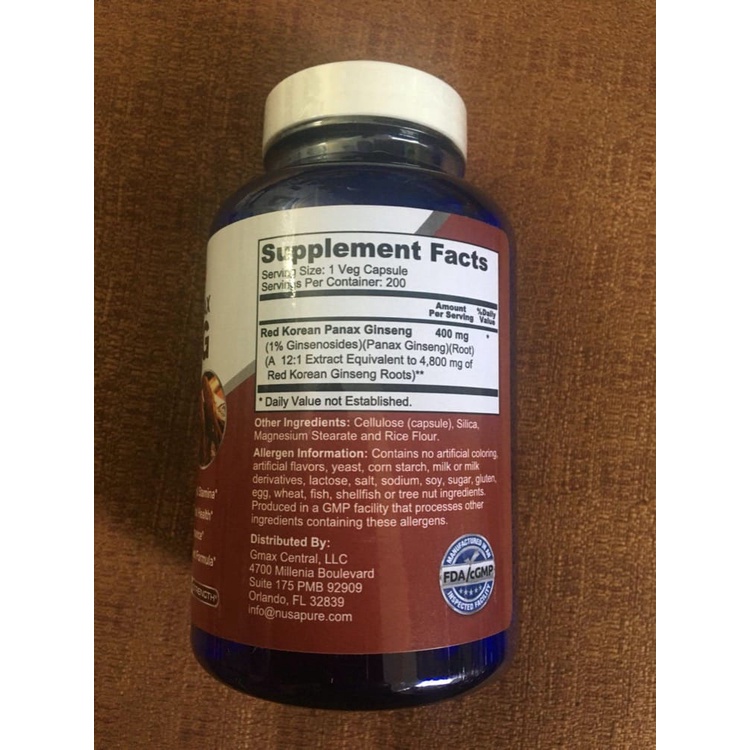 Viên uống hồng sâm Hàn Quốc NusaPure Red Korean Panax Ginseng 4800mg 200 Capsules