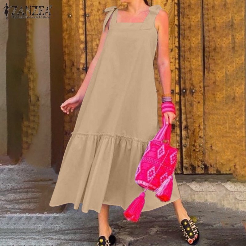 Đầm maxi ZANZEA cổ vuông không tay thời trang cho nữ